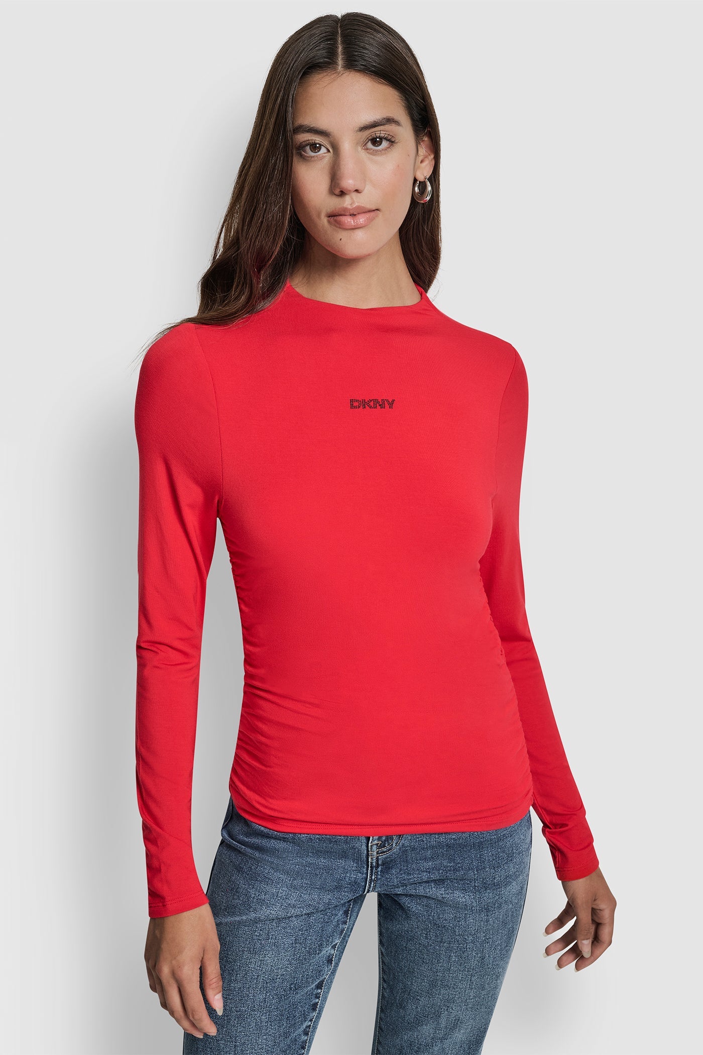 SIDE RUCHED HIGH NECK LONG SLEEVE TOP WITH RHINESTONE