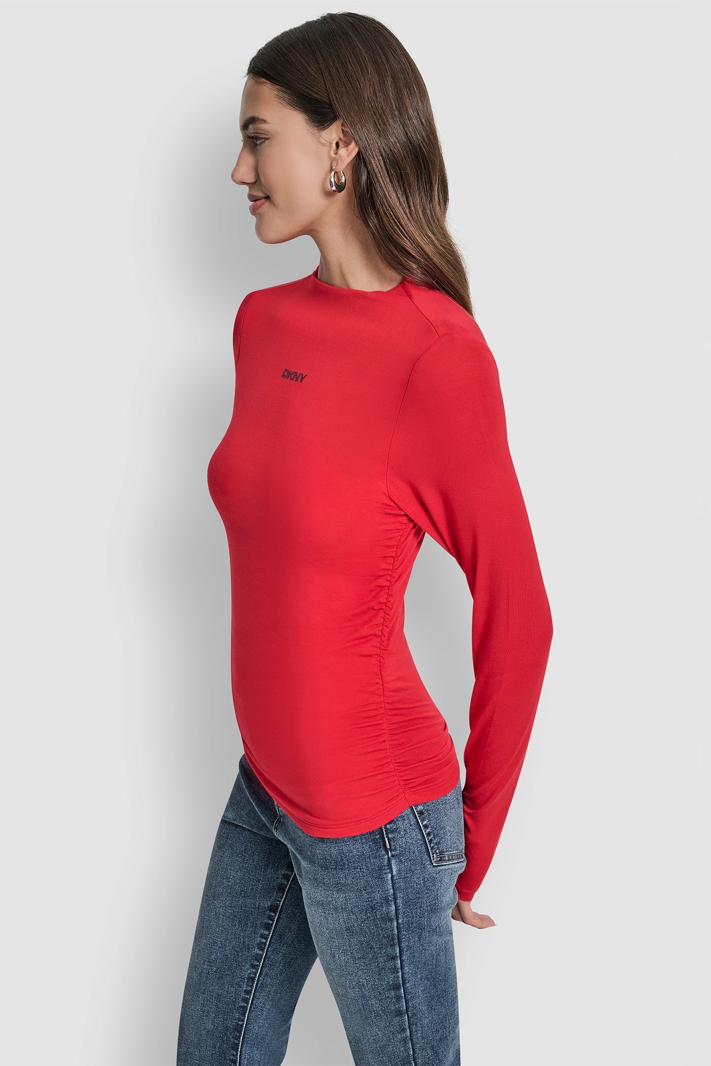 SIDE RUCHED HIGH NECK LONG SLEEVE TOP WITH RHINESTONE