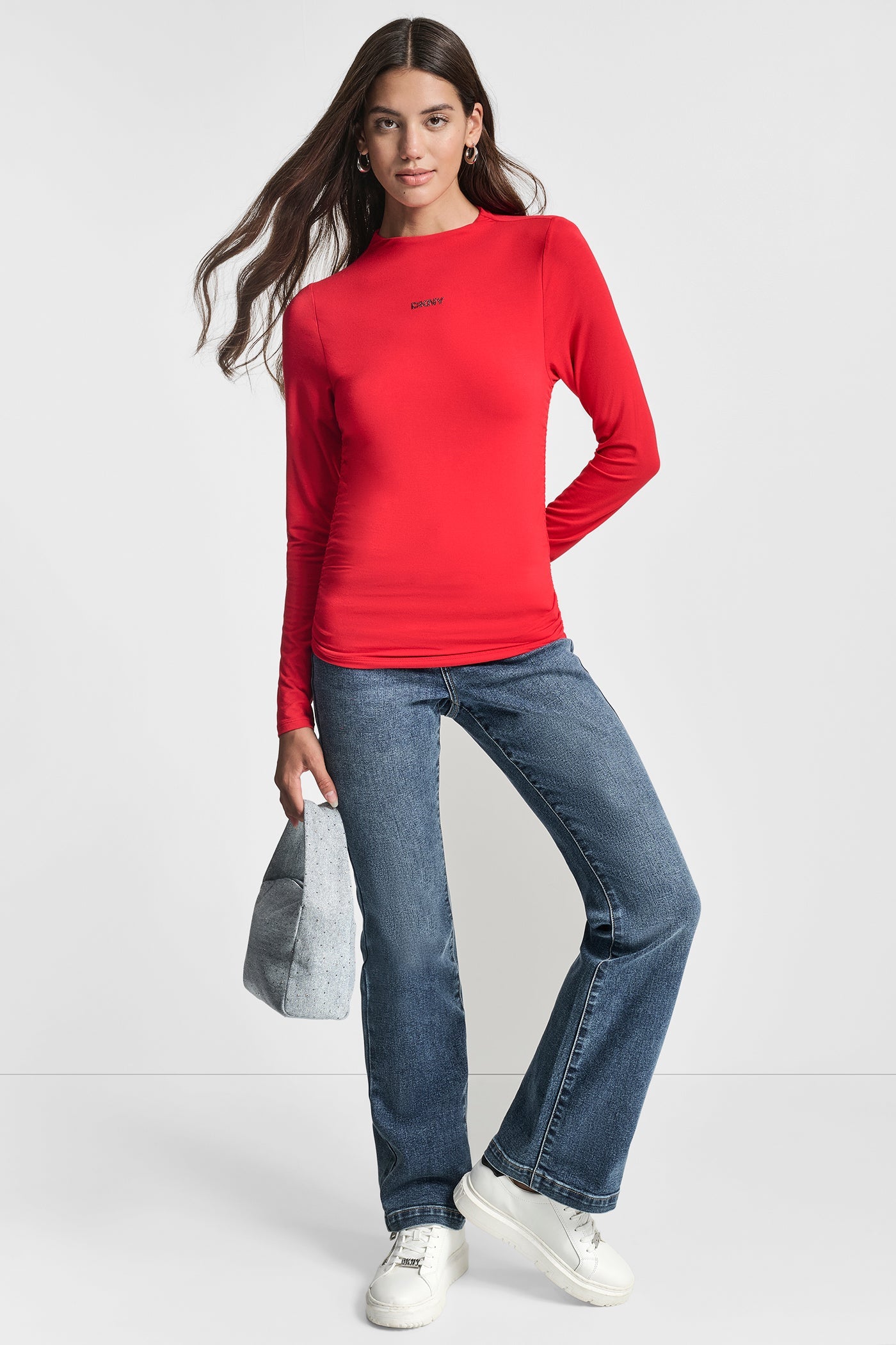 SIDE RUCHED HIGH NECK LONG SLEEVE TOP WITH RHINESTONE