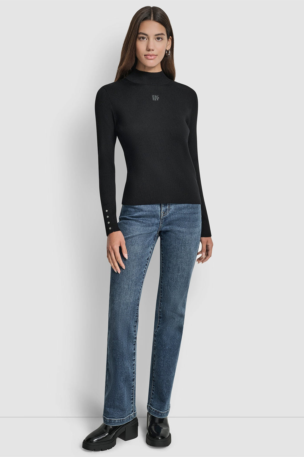 RIB LONG SLEEVE MOCK NECK WITH RHINESTONES AT CUFF