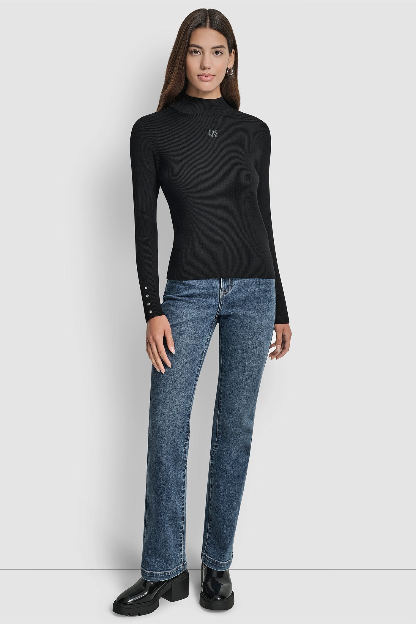RIB LONG SLEEVE MOCK NECK WITH RHINESTONES AT CUFF