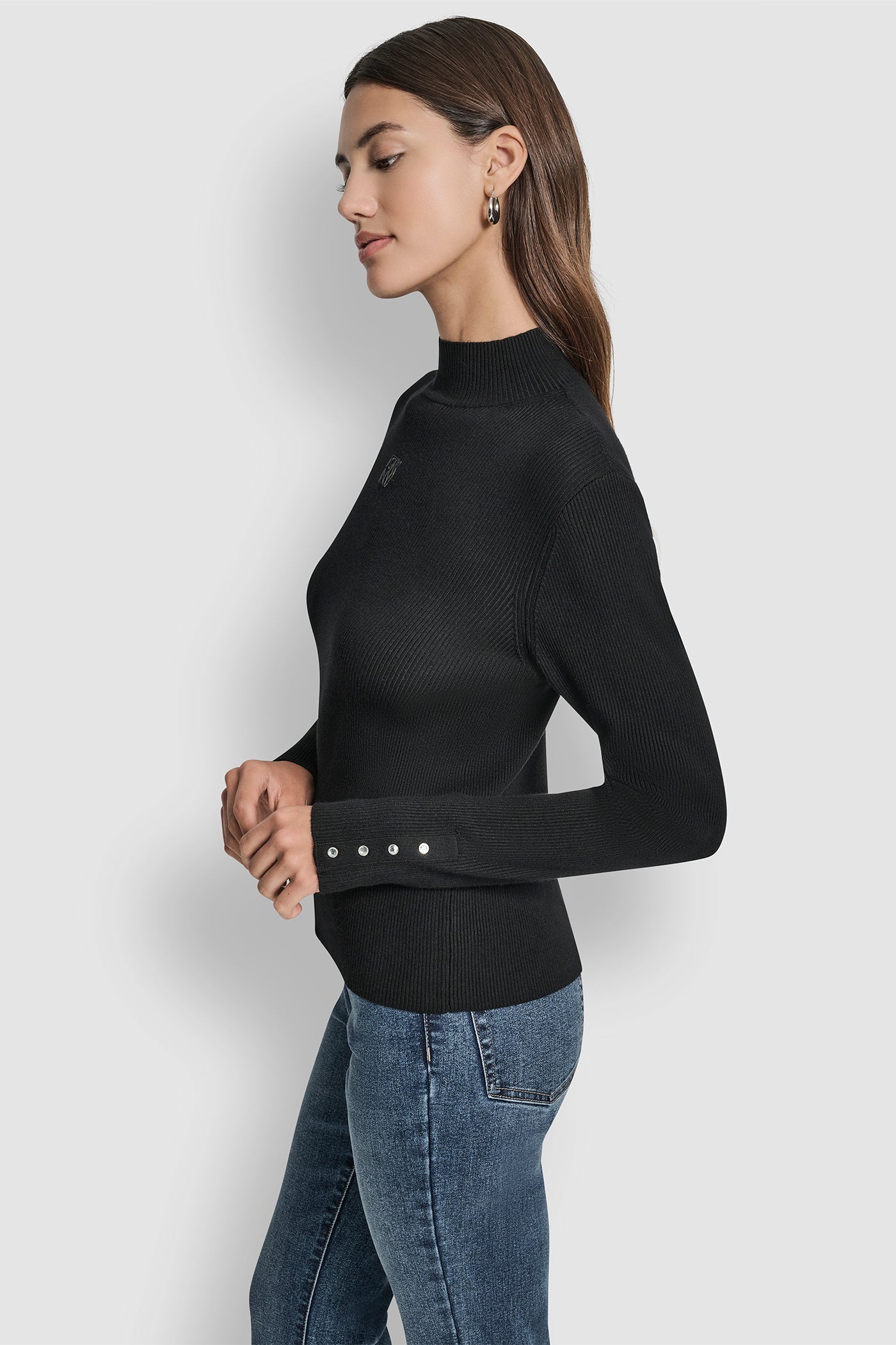 RIB LONG SLEEVE MOCK NECK WITH RHINESTONES AT CUFF