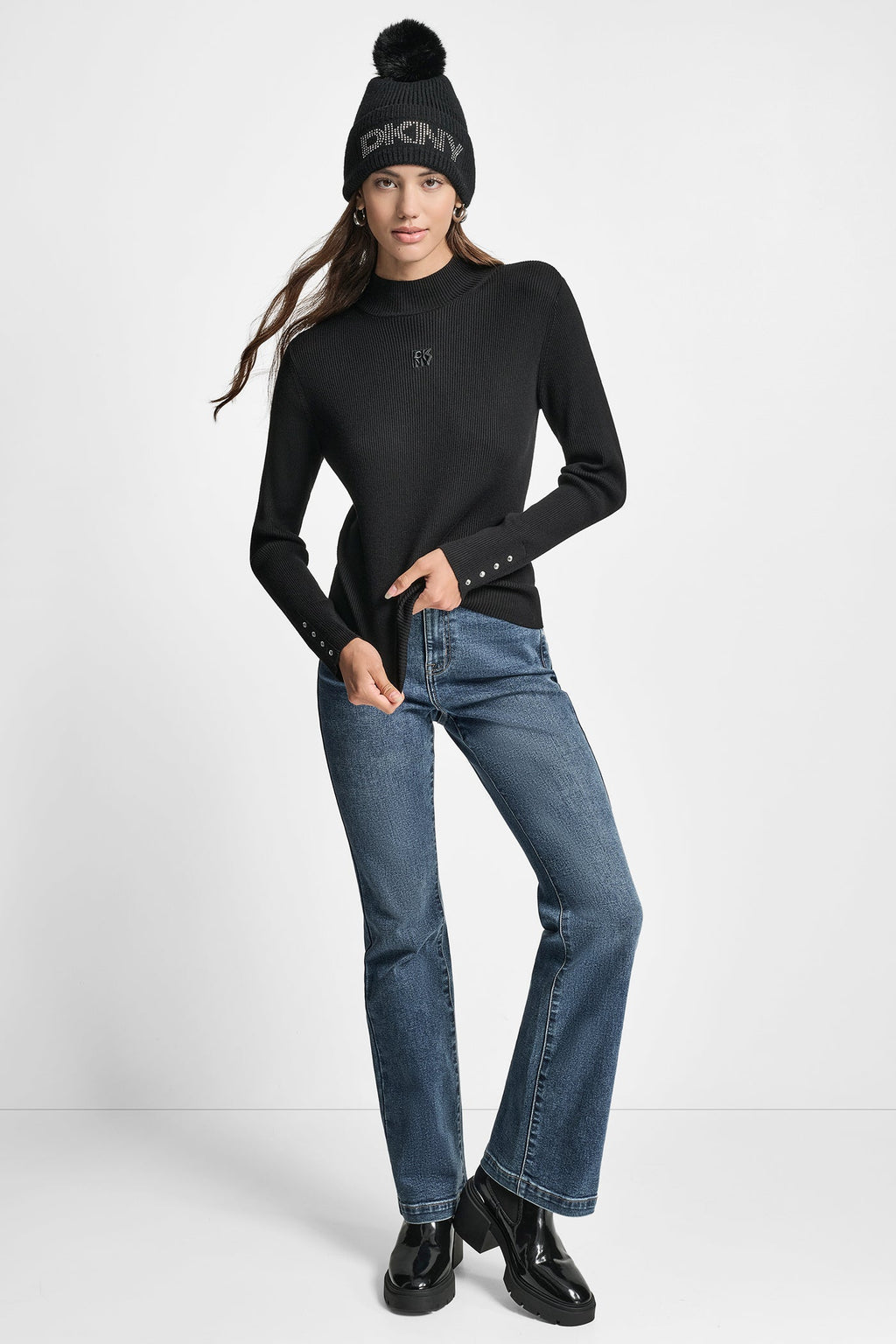 RIB LONG SLEEVE MOCK NECK WITH RHINESTONES AT CUFF
