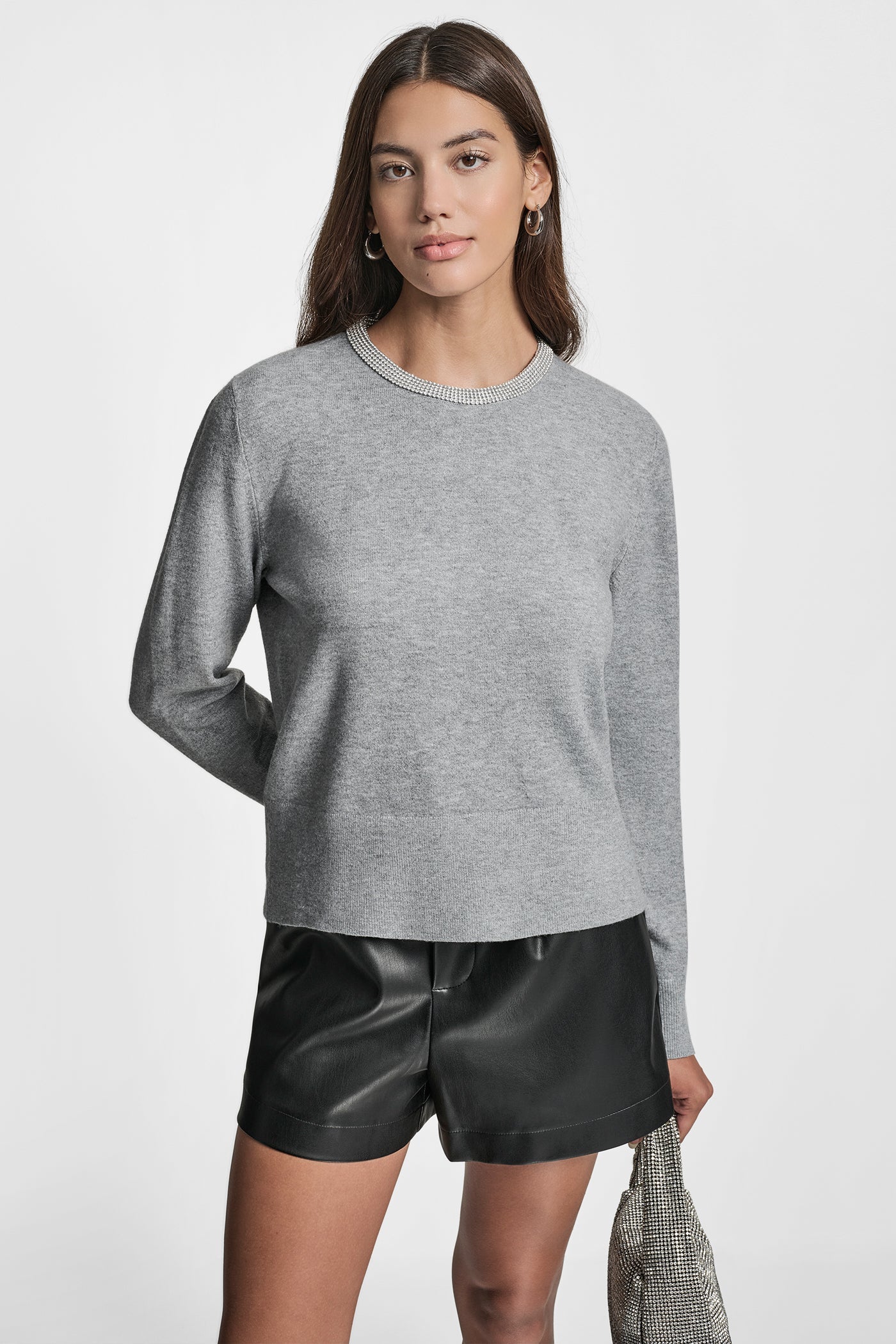 CREW NECK  WITH RHINESTONE TRIM AT NECK