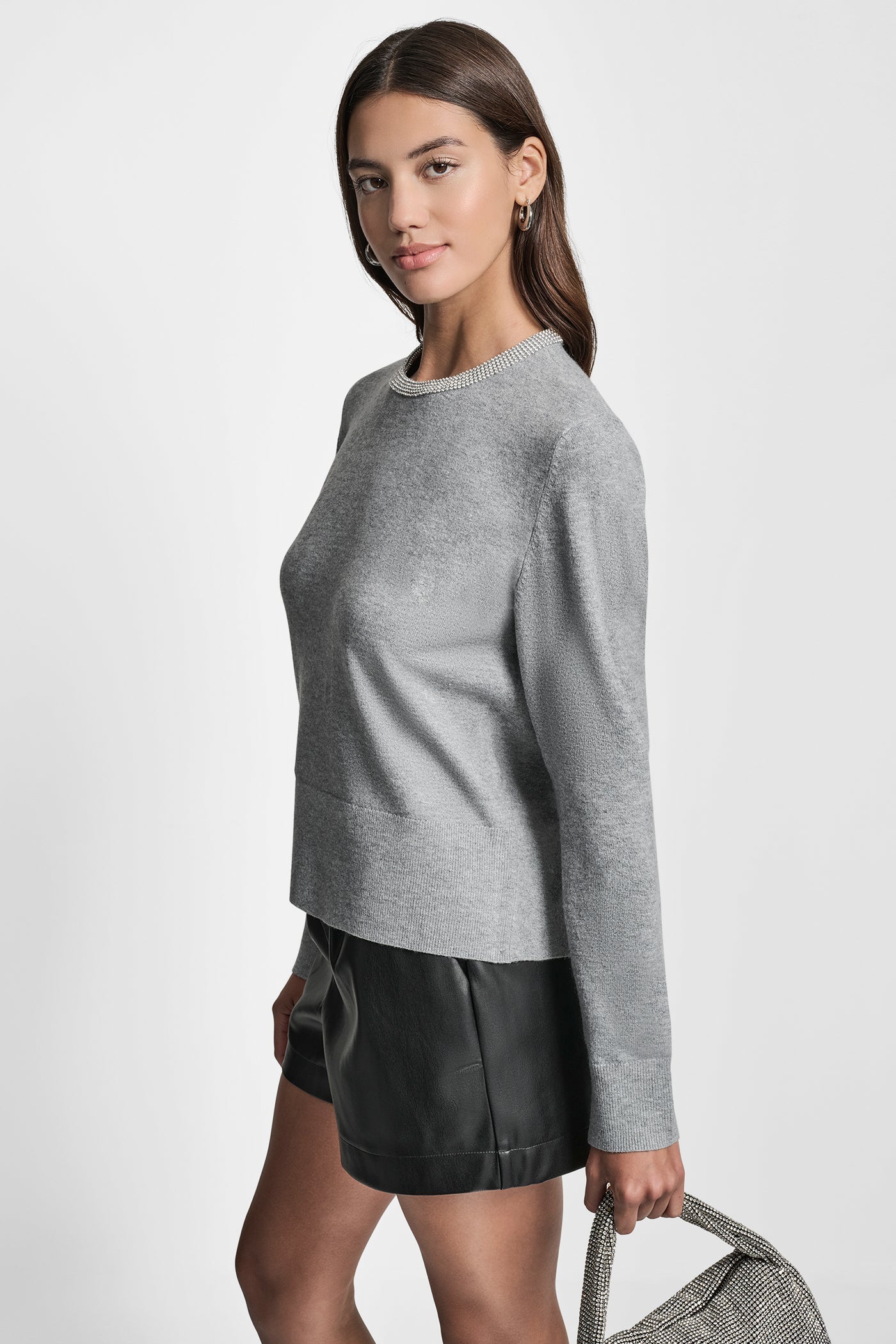 CREW NECK  WITH RHINESTONE TRIM AT NECK