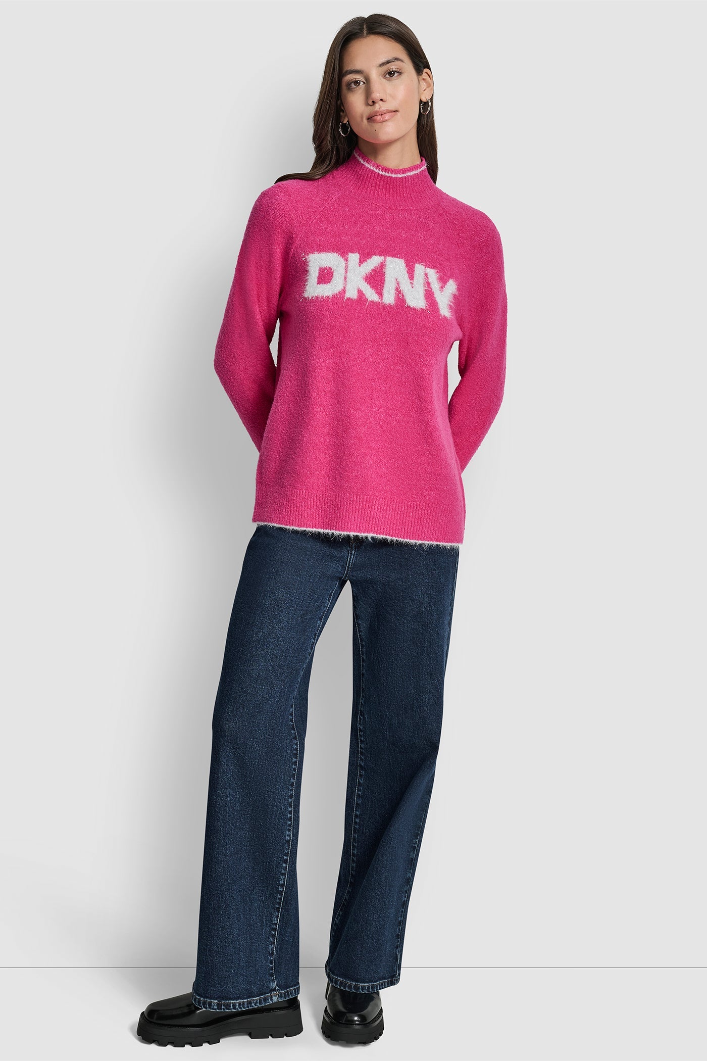DKNY TINSEL LOGO LONG SLEEVE RAGLAN SWEATER