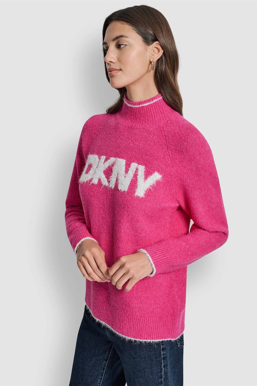 DKNY TINSEL LOGO LONG SLEEVE RAGLAN SWEATER