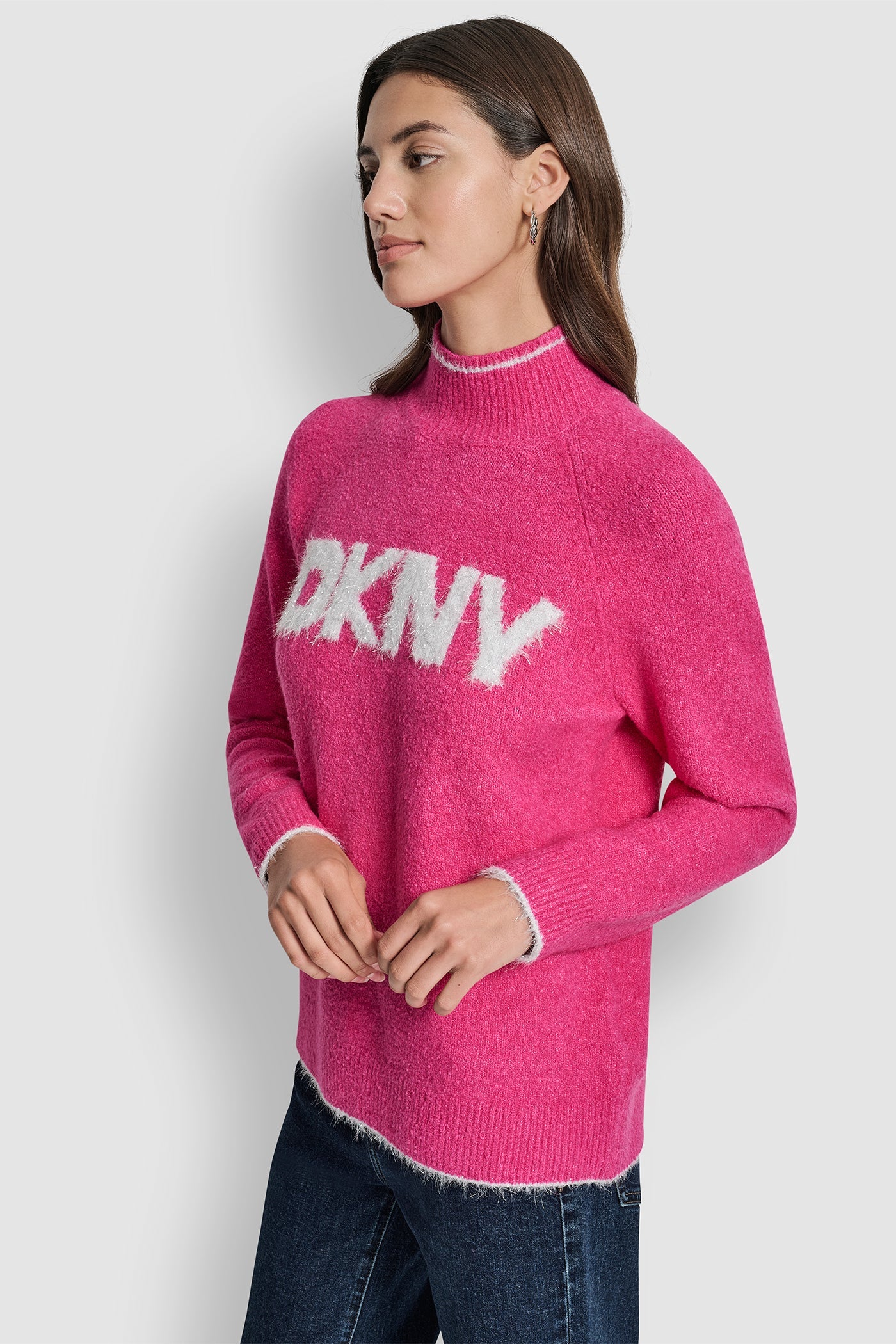 DKNY TINSEL LOGO LONG SLEEVE RAGLAN SWEATER