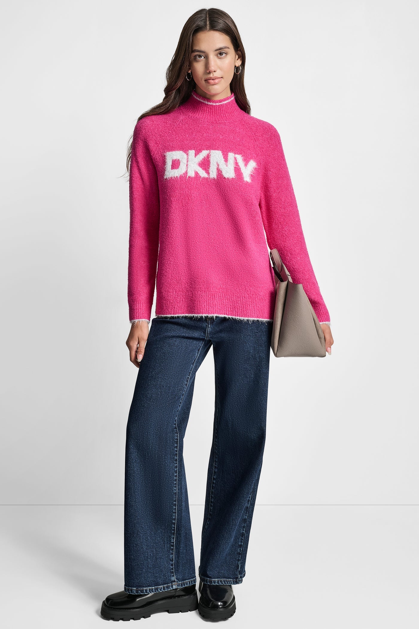DKNY TINSEL LOGO LONG SLEEVE RAGLAN SWEATER