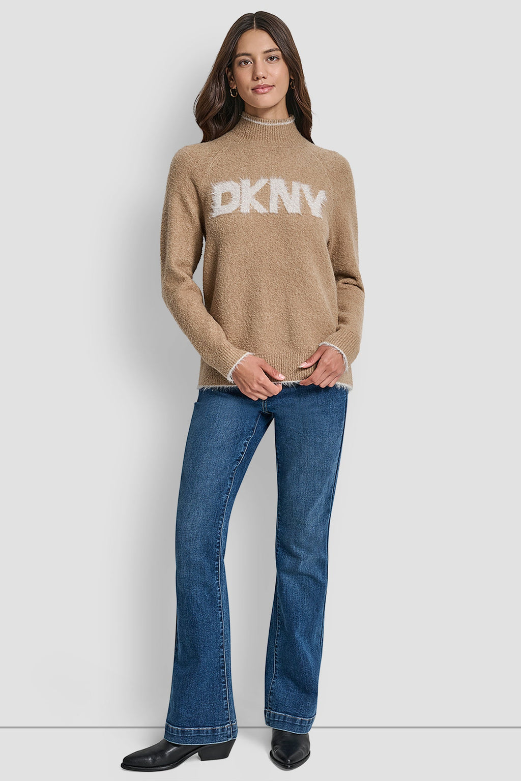 DKNY TINSEL LOGO LONG SLEEVE RAGLAN SWEATER
