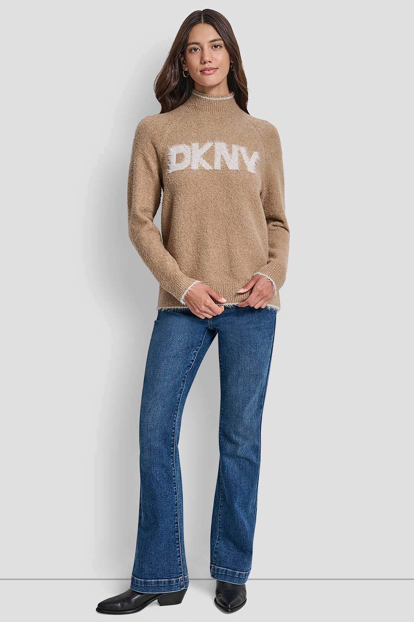 DKNY TINSEL LOGO LONG SLEEVE RAGLAN SWEATER