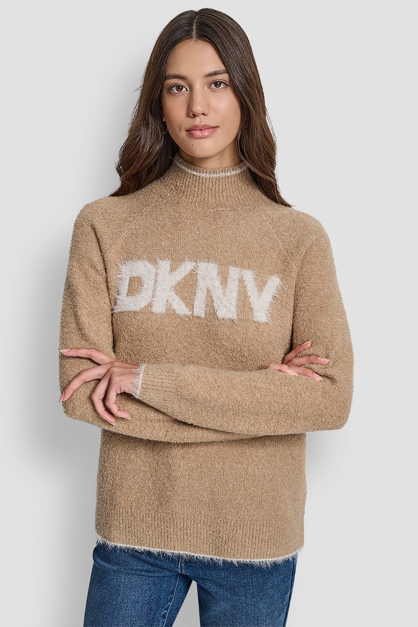 DKNY TINSEL LOGO LONG SLEEVE RAGLAN SWEATER
