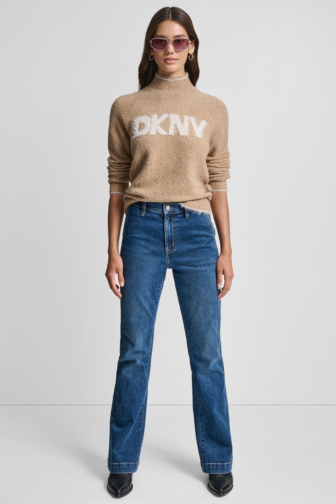 DKNY TINSEL LOGO LONG SLEEVE RAGLAN SWEATER