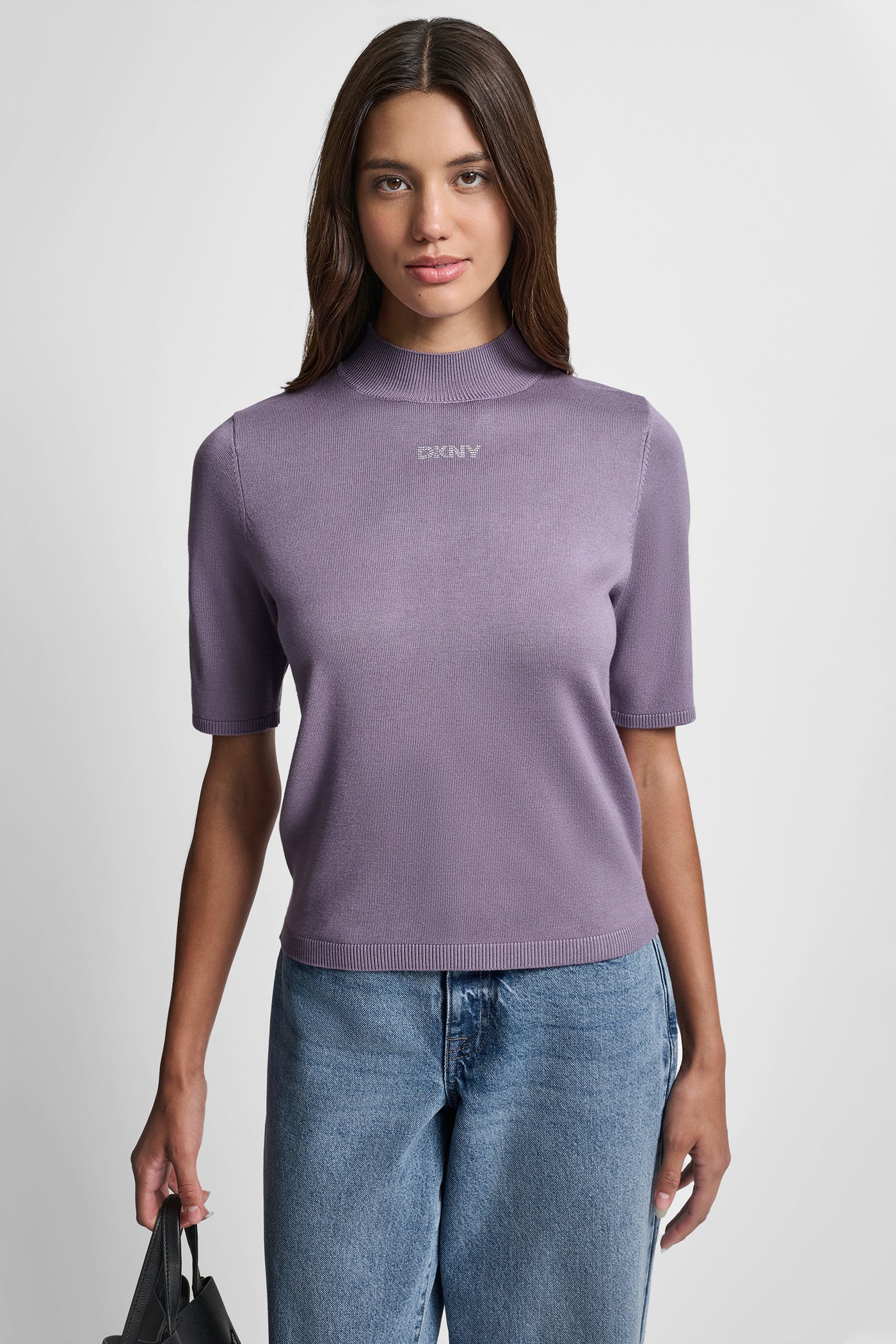 SHORT SLEEVE HOTFIX LOGO MOCK NECK SWEATER