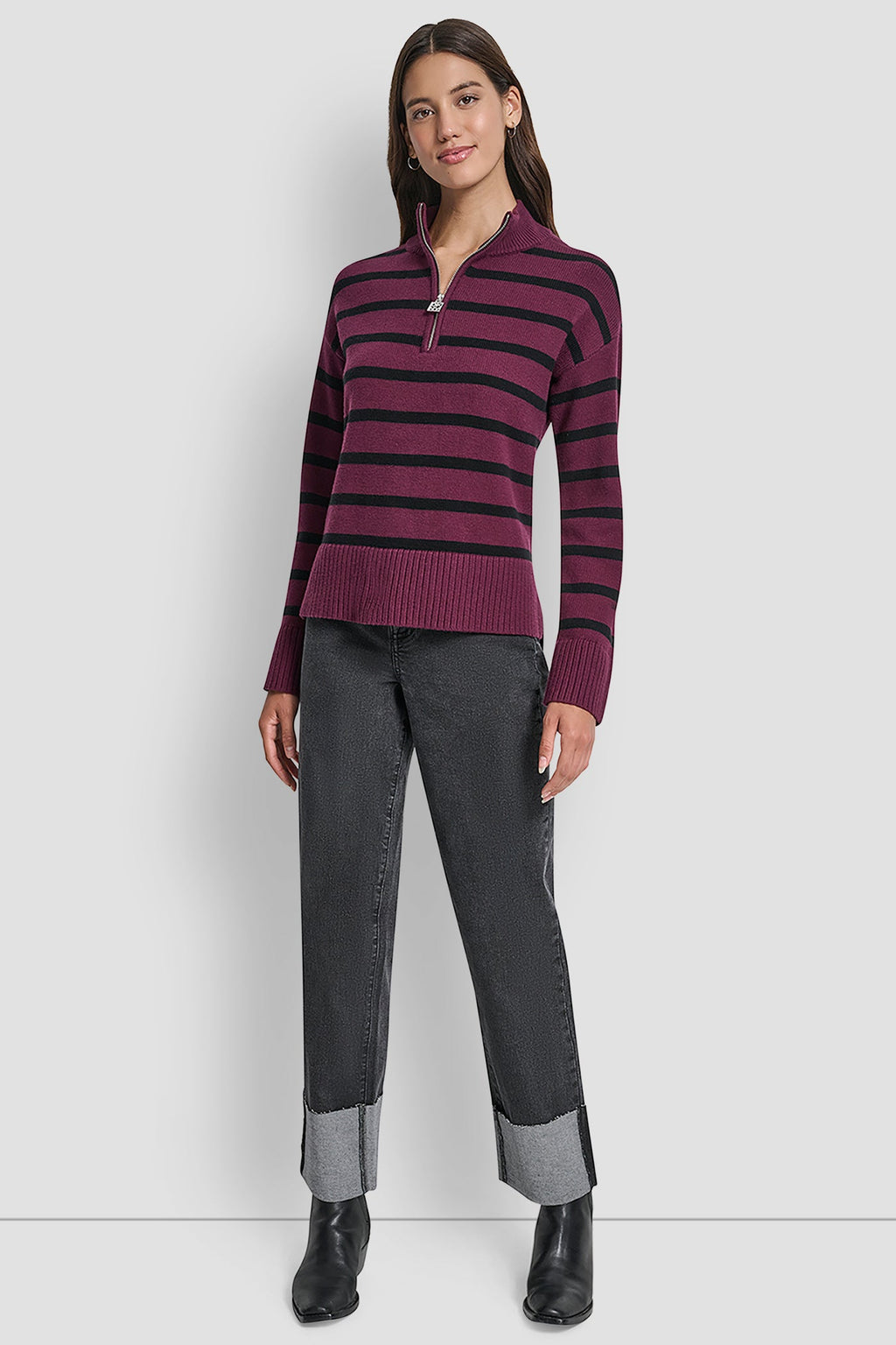 LONG SLEEVED 1/4 ZIP COLLAR STRIPED SWEATER