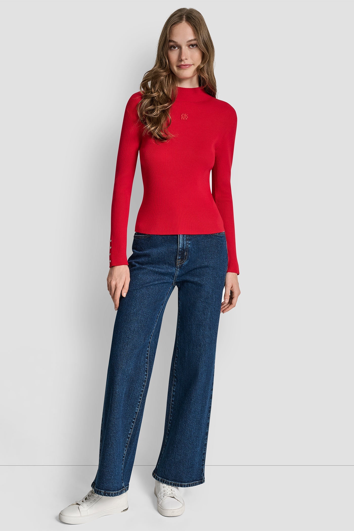 RIB LONG SLEEVE MOCK NECK WITH RHINESTONES AT CUFF