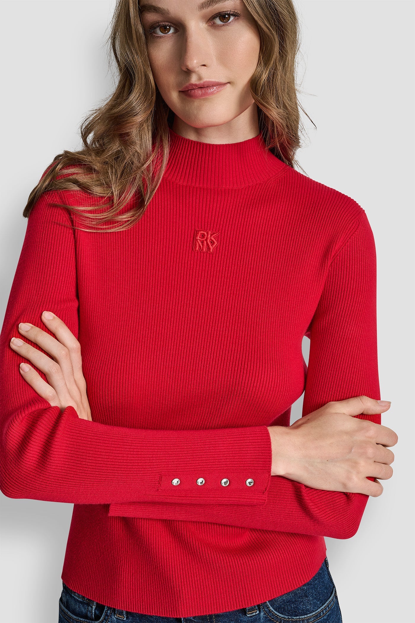 RIB LONG SLEEVE MOCK NECK WITH RHINESTONES AT CUFF