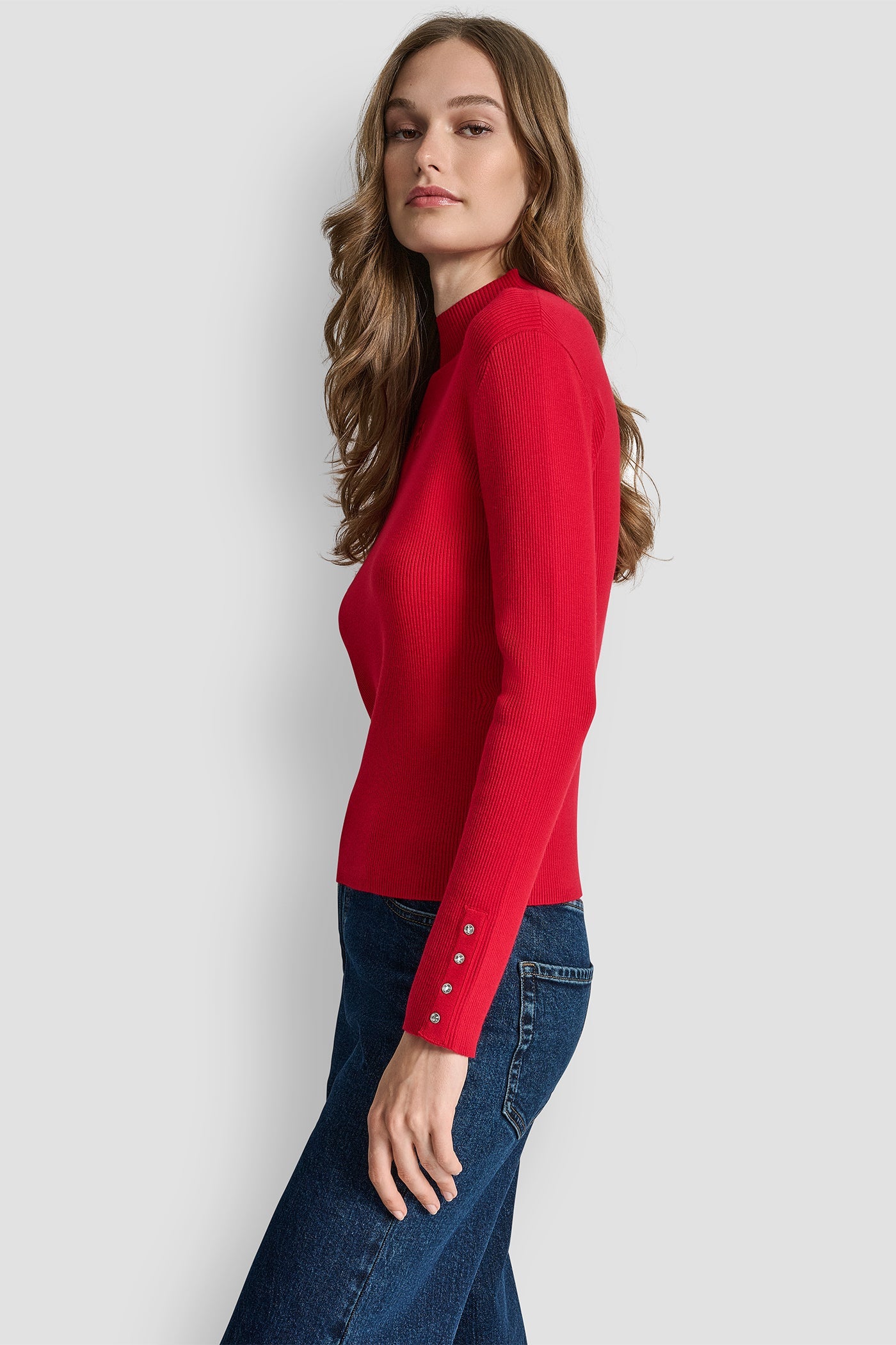 RIB LONG SLEEVE MOCK NECK WITH RHINESTONES AT CUFF