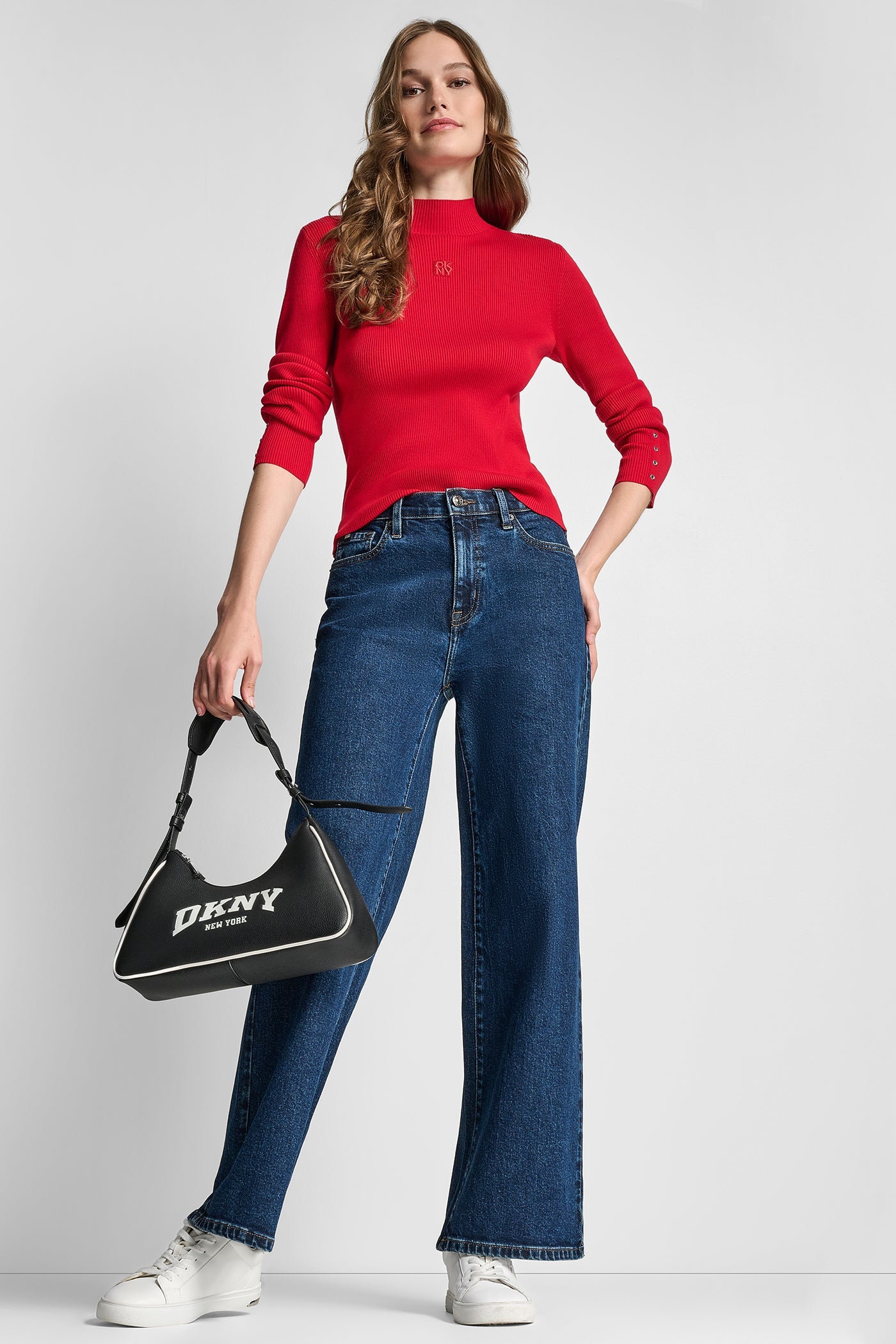 RIB LONG SLEEVE MOCK NECK WITH RHINESTONES AT CUFF