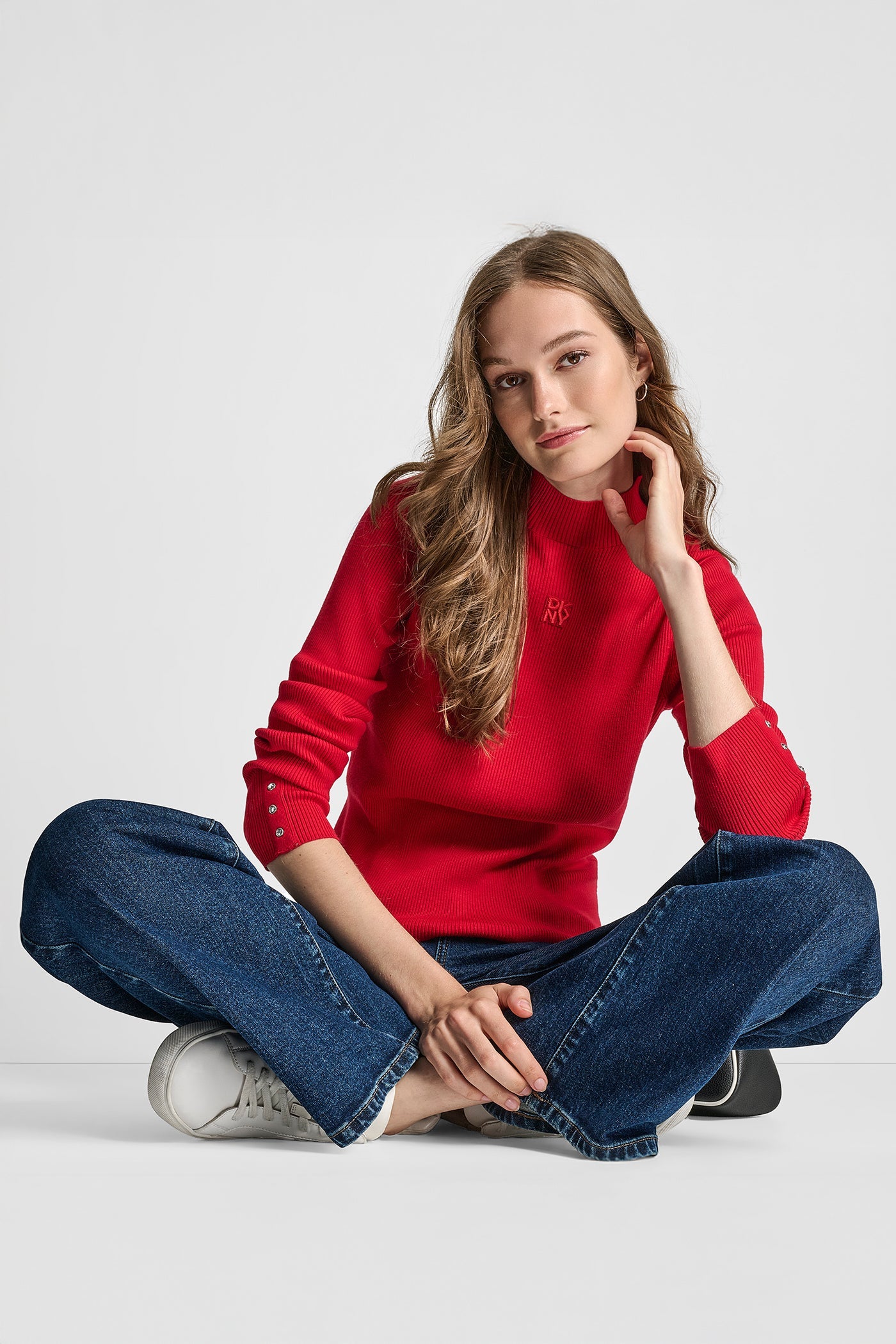 RIB LONG SLEEVE MOCK NECK WITH RHINESTONES AT CUFF