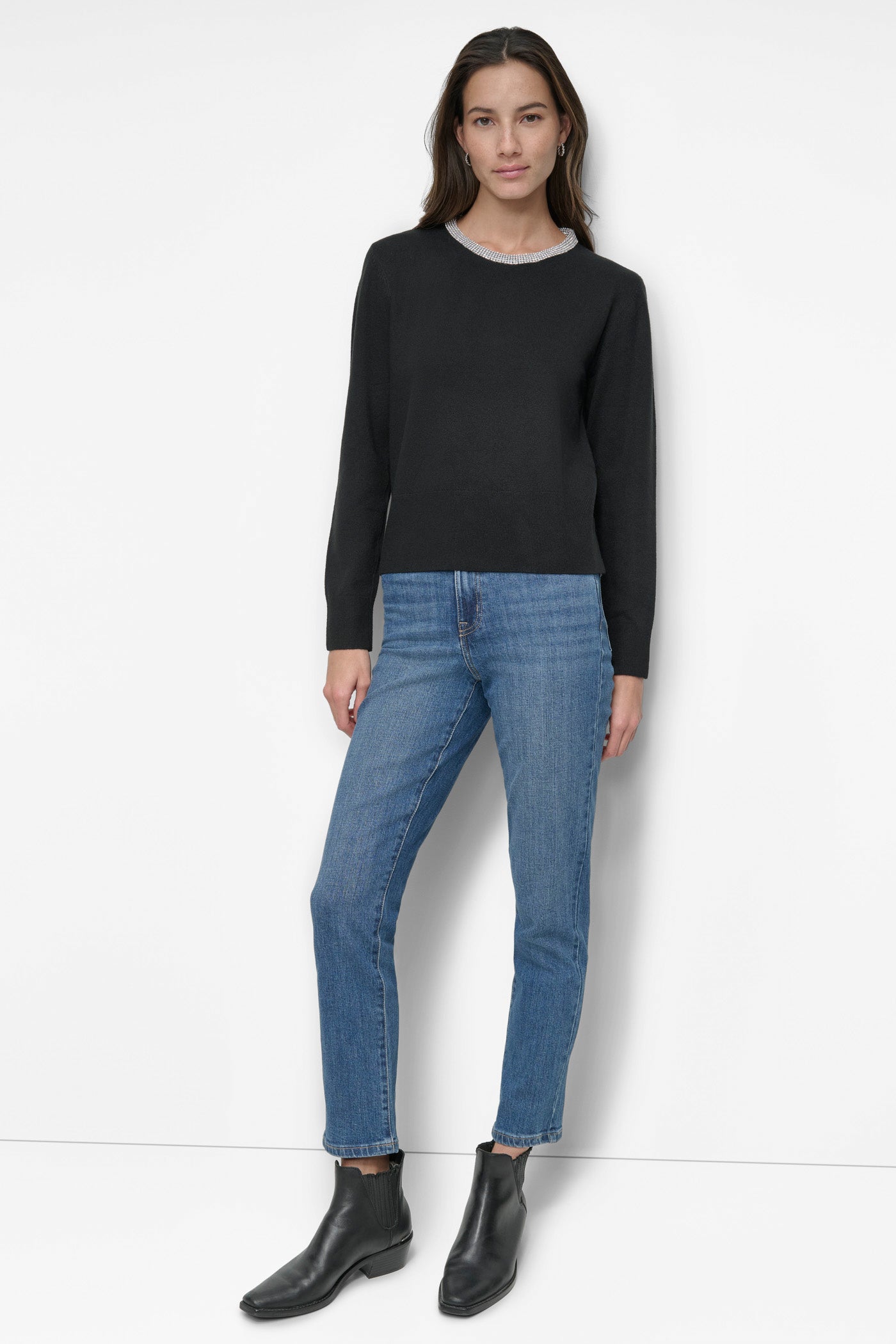 CREW NECK WITH RHINESTONE TRIM AT NECK