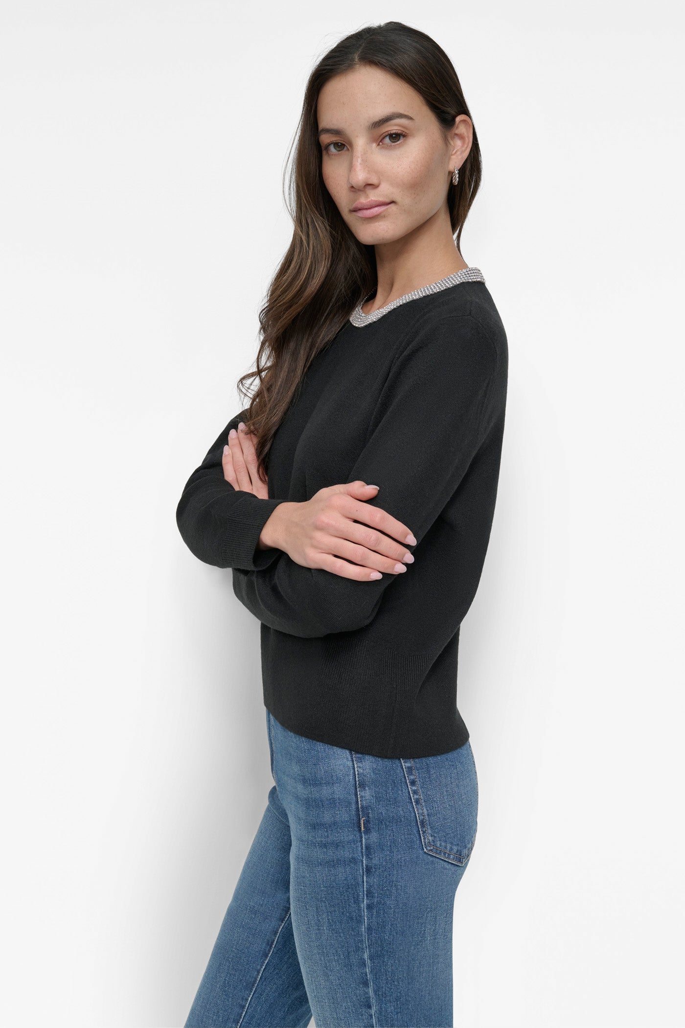 CREW NECK WITH RHINESTONE TRIM AT NECK
