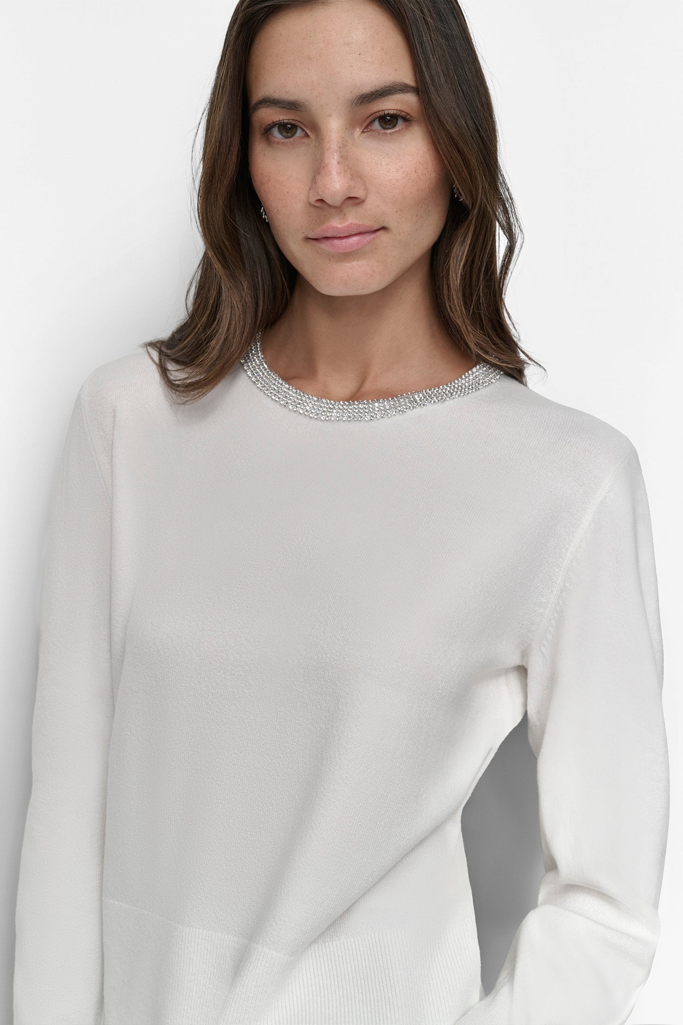 CREW NECK WITH RHINESTONE TRIM AT NECK