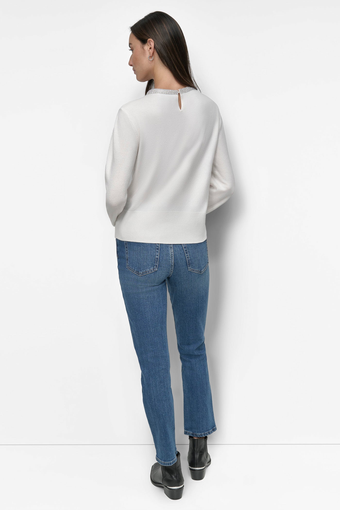 CREW NECK WITH RHINESTONE TRIM AT NECK