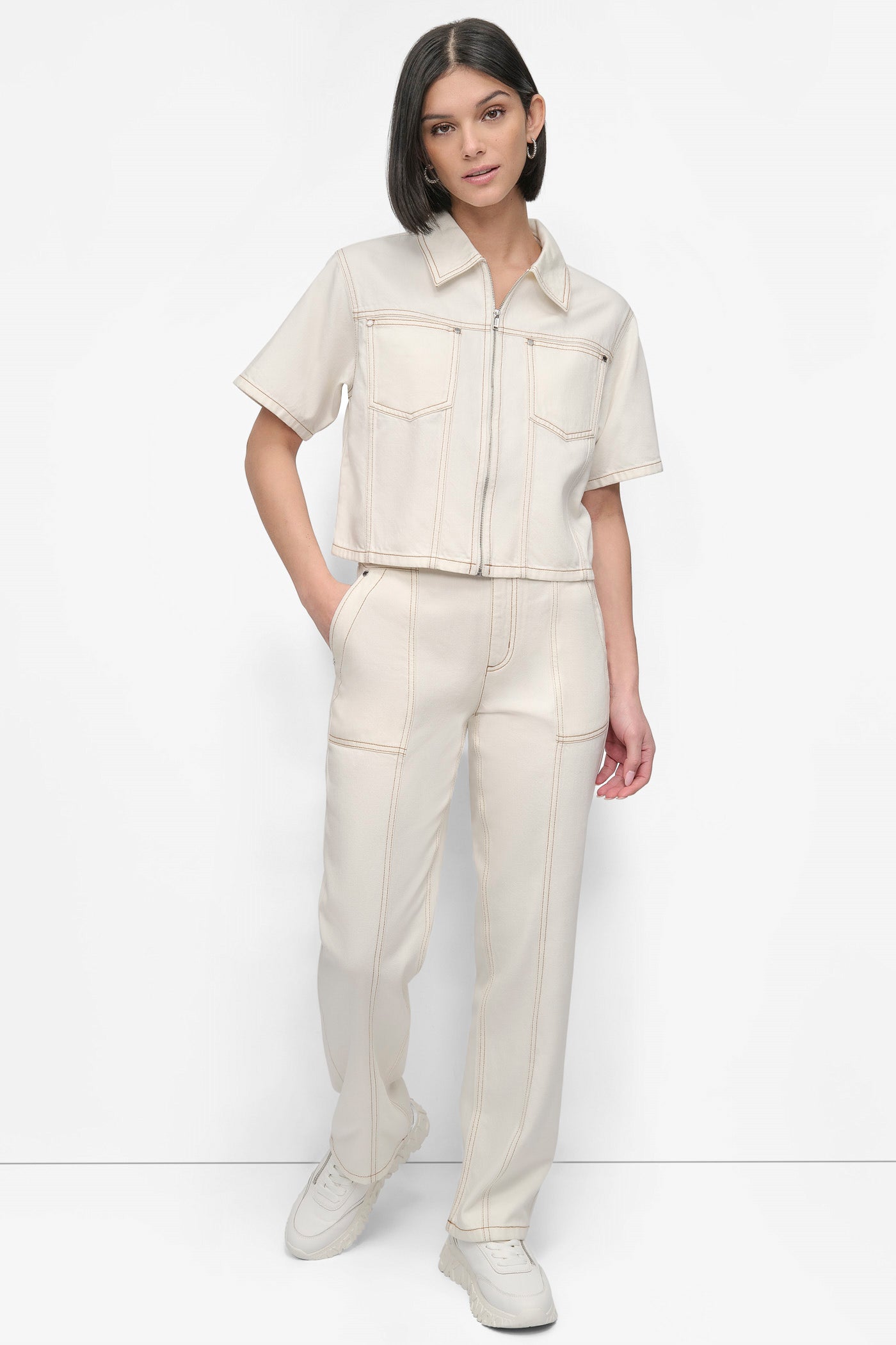 CROPPED ZIP-FRONT DENIM SHIRT