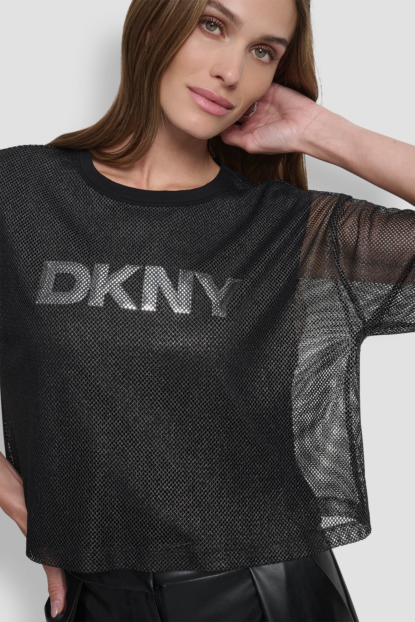 SHORT SLEEVE MESH OVERLAY LOGO KNIT TOP