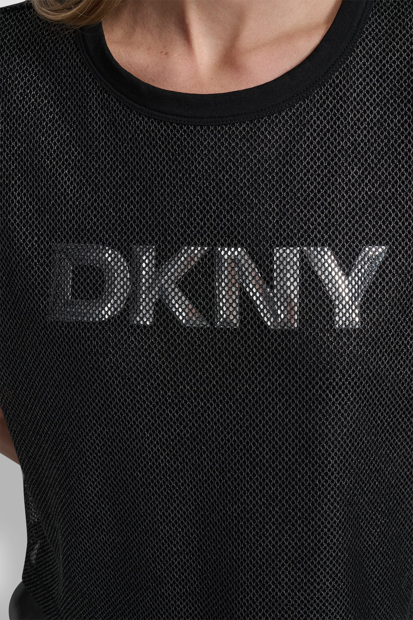 SHORT SLEEVE MESH OVERLAY LOGO KNIT TOP