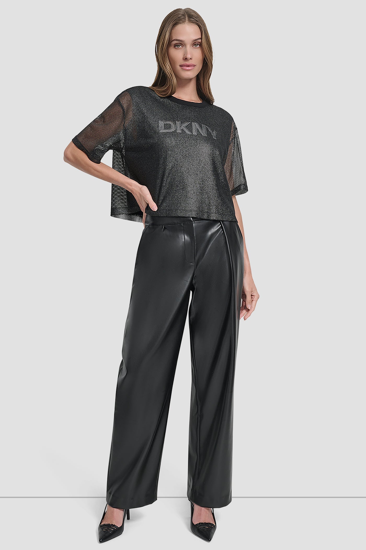 SHORT SLEEVE MESH OVERLAY LOGO KNIT TOP