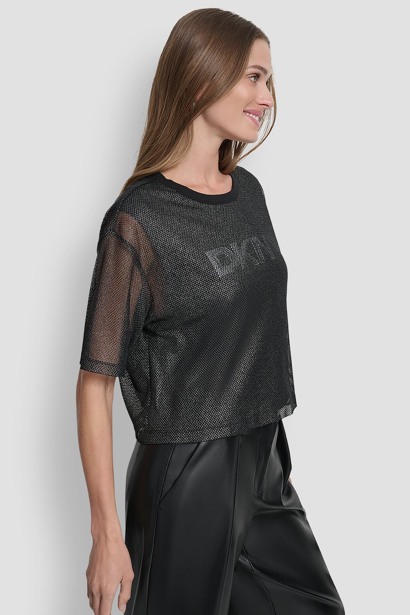 SHORT SLEEVE MESH OVERLAY LOGO KNIT TOP
