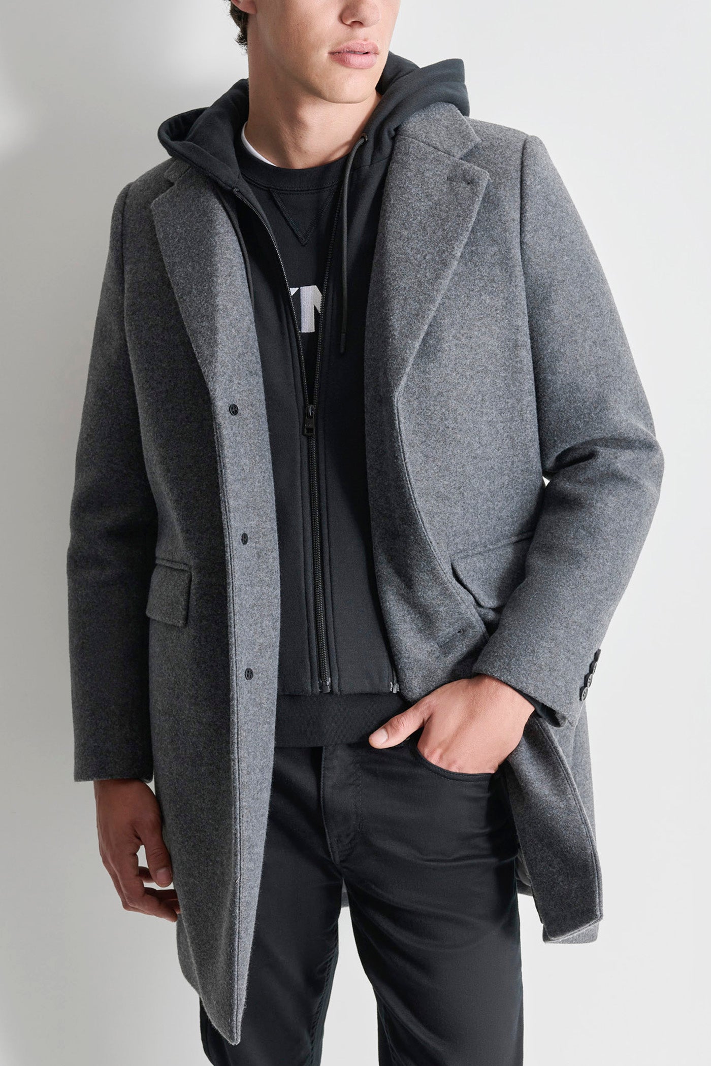 FAUX WOOL COAT WITH HOODED BIB