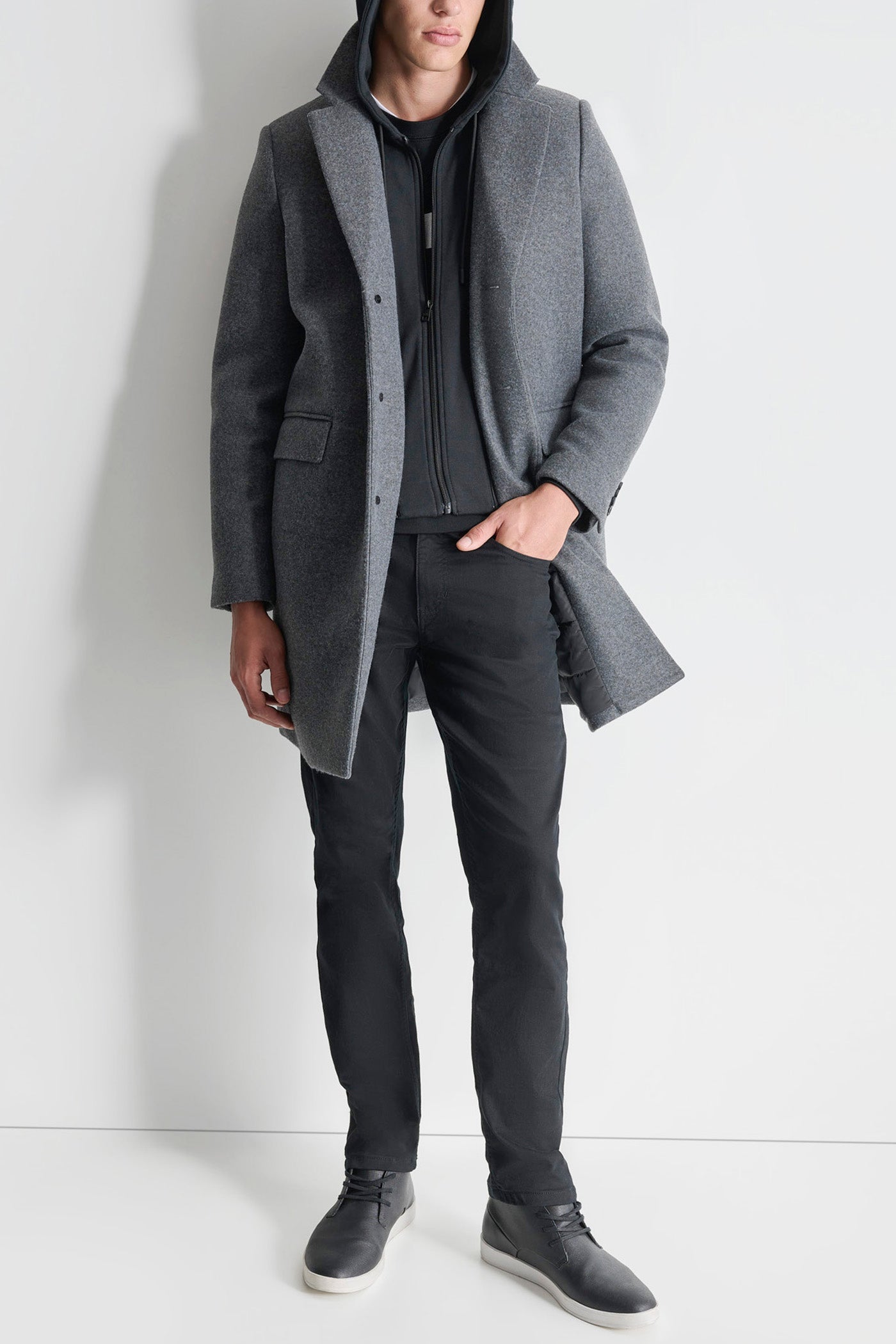 FAUX WOOL COAT WITH HOODED BIB