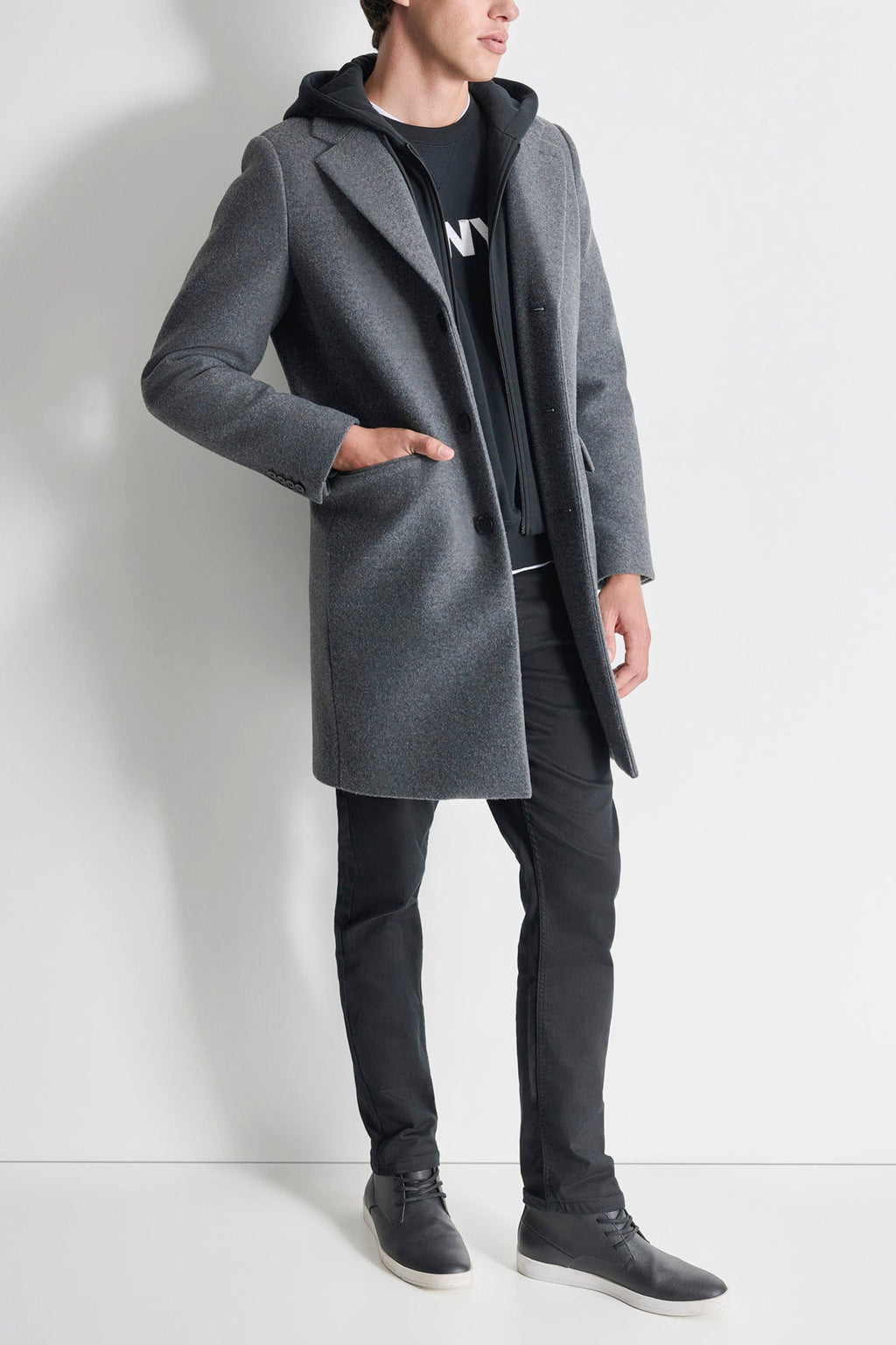FAUX WOOL COAT WITH HOODED BIB