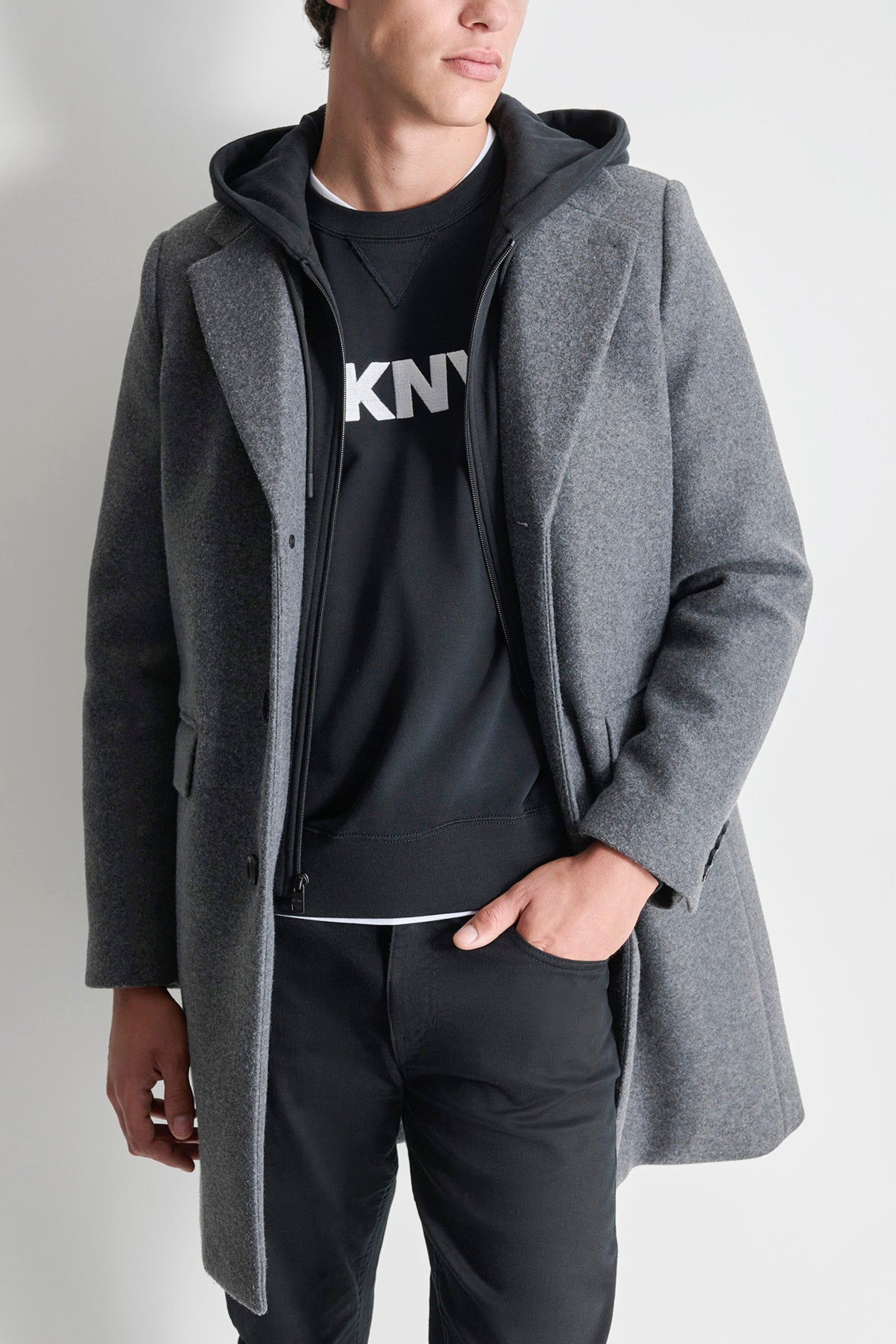 FAUX WOOL COAT WITH HOODED BIB