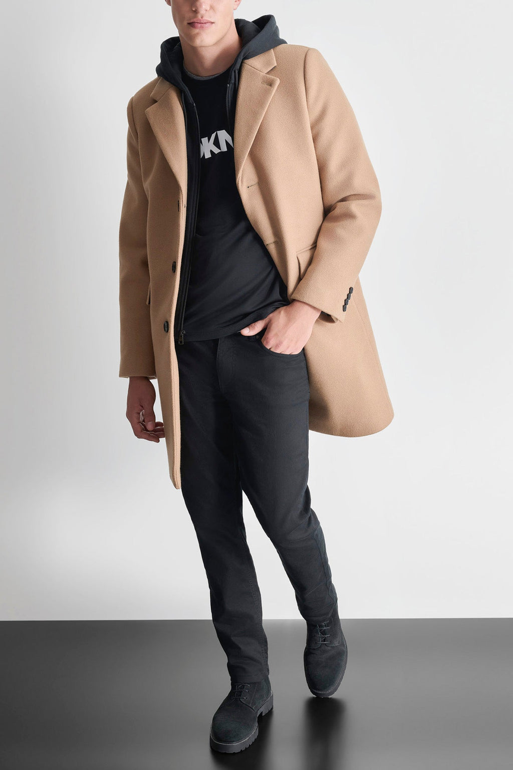 FAUX WOOL COAT WITH HOODED BIB