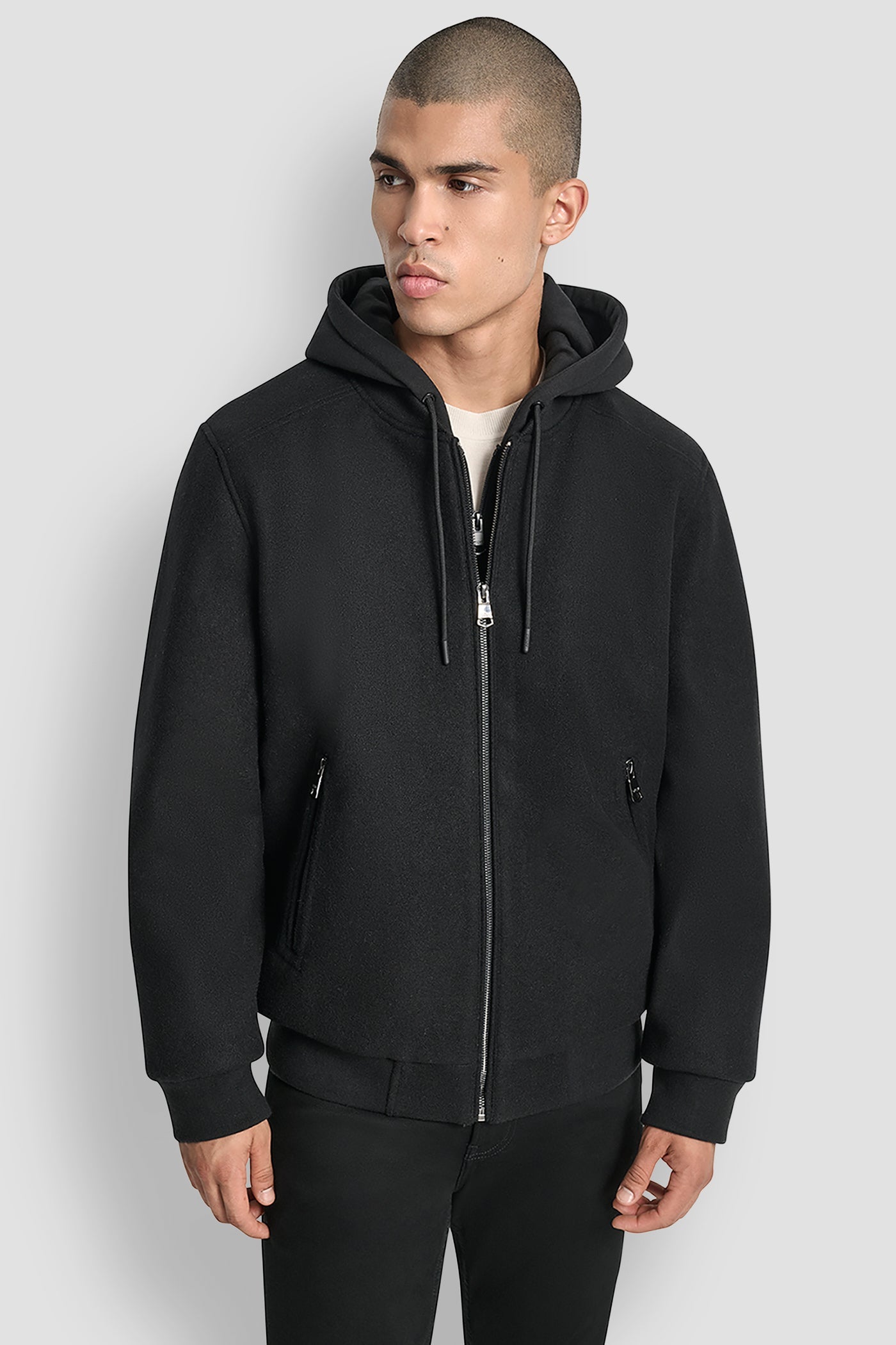 FAUX WOOL BOMBER WITH HOODED BIB