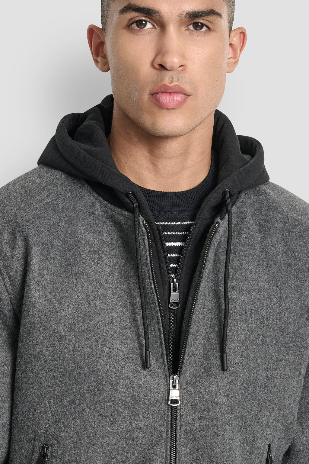 FAUX WOOL BOMBER WITH HOODED BIB