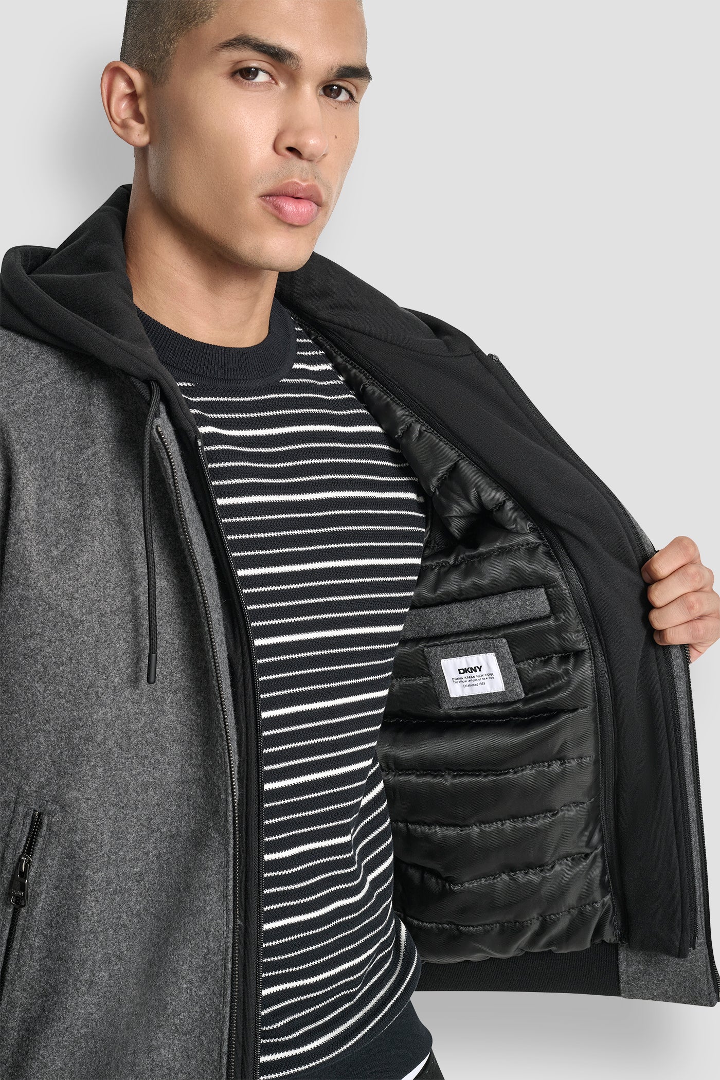 FAUX WOOL BOMBER WITH HOODED BIB