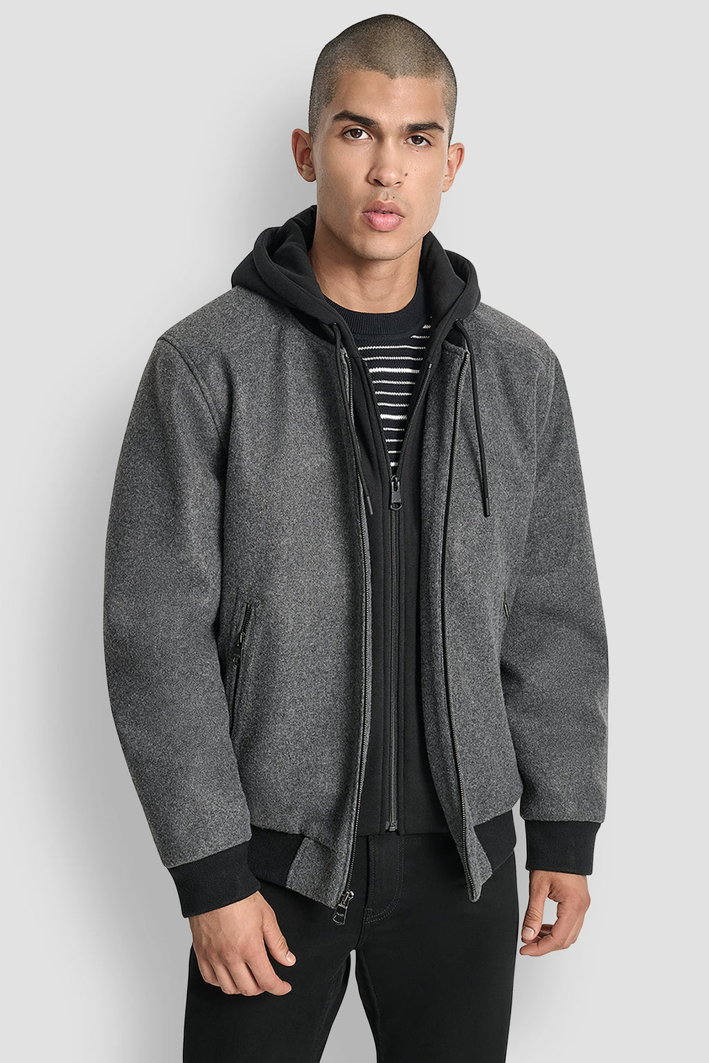 FAUX WOOL BOMBER WITH HOODED BIB