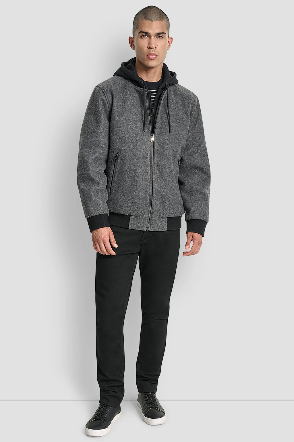 FAUX WOOL BOMBER WITH HOODED BIB