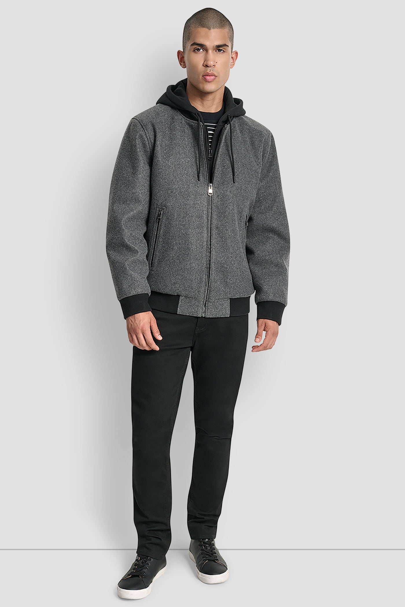 FAUX WOOL BOMBER WITH HOODED BIB