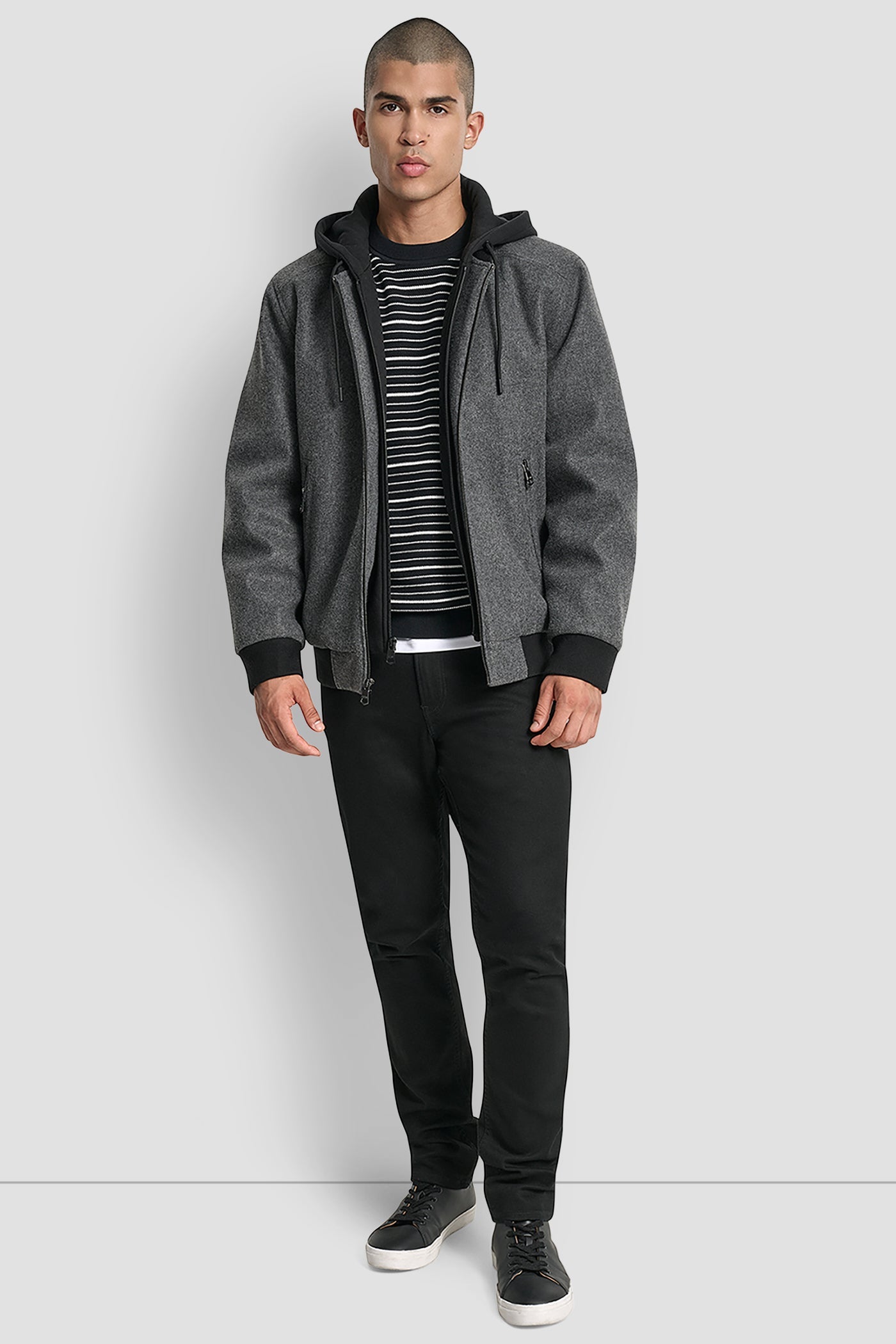 FAUX WOOL BOMBER WITH HOODED BIB