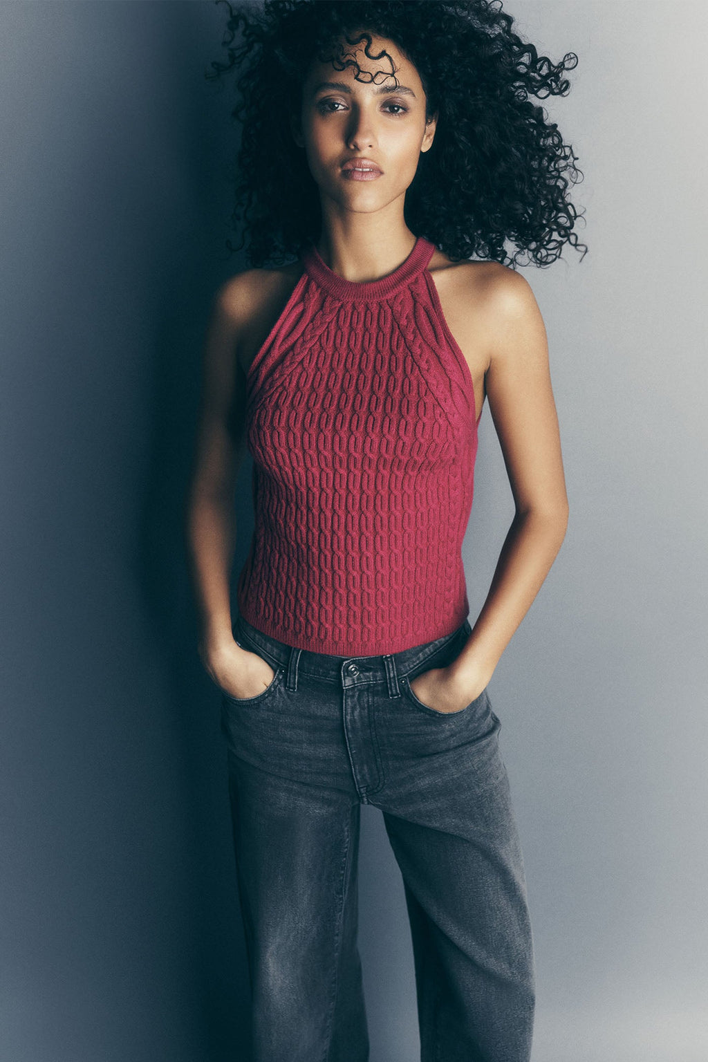 CABLE-KNIT HALTER-STYLE SWEATER