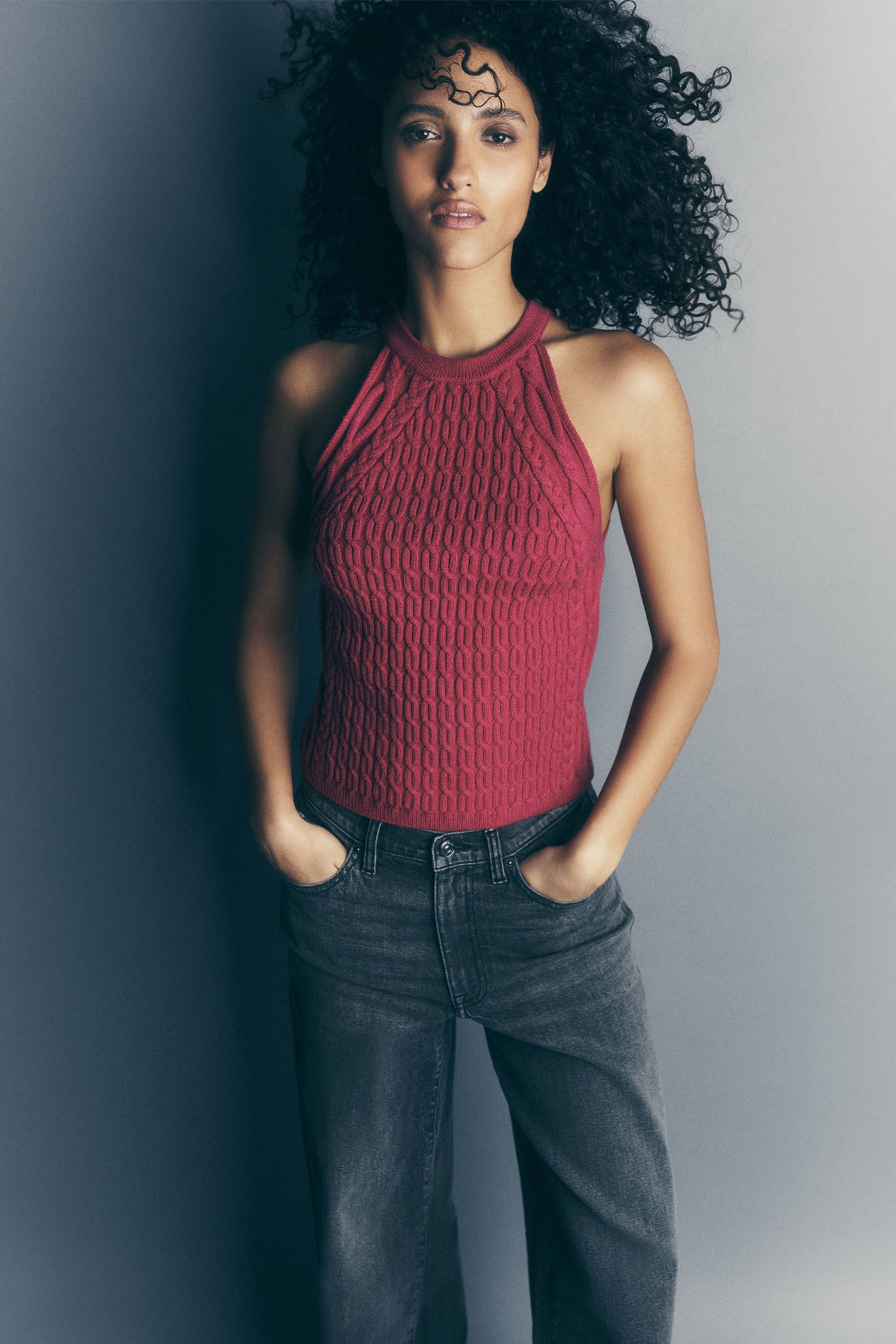 CABLE-KNIT HALTER-STYLE SWEATER
